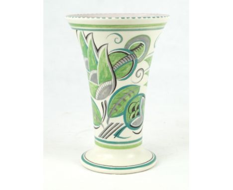 An Art Deco Poole Pottery trumpet vaseDecorated with geometric floral motifs and sprays on an ivory ground, impressed factory