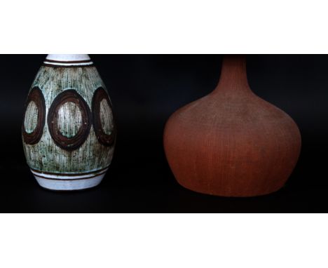 Two Briglin studio pottery table lampsThe first having incised decoration on a white and green glazed ground, height (excludi