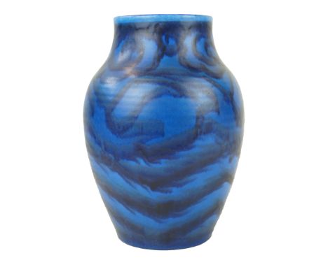 A Royal Lancastrian vase of cylindrical form with inverted neckPainted in cobalt blue with geometric motifs, finished on a li