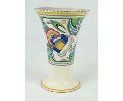 An Art Deco Poole Pottery trumpet vasePainted with geometric motifs and flowers on an ivory ground, impressed factory marks a