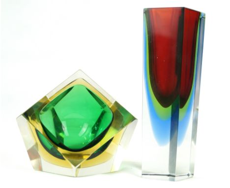 Two pieces of Luigi Mandruzzato for Murano glass To include a polygon shaped vase, internally decorated with ruby red, lime g