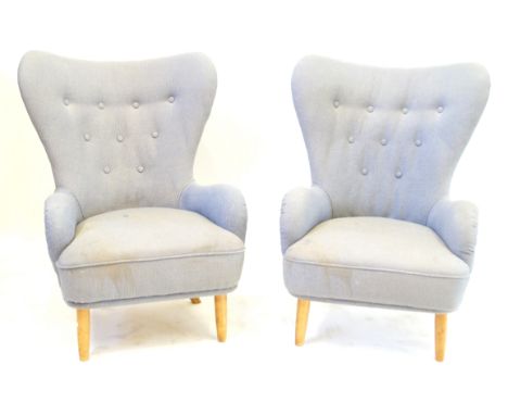 A pair of Ernest Race armchairsCirca 1950s model DA, upholstered in a grey and blue checkered material, raised on light wood 