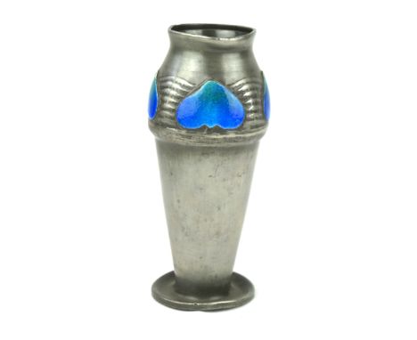 An Arts & Crafts Tudric Pewter and enamelled vaseOf shouldered cylindrical form, having four green and blue enamelled cabocho