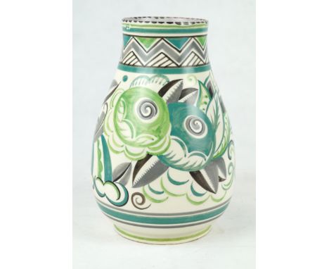 An Art Deco Poole Pottery vase of baluster formPainted with geometric band to top rim above floral motifs, impressed factory 