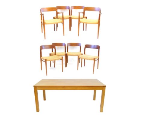 Neils Moller Danish teak dining suiteComprising rectangular table, raised on block supports, 183x92cm, eight model 75 chairs 