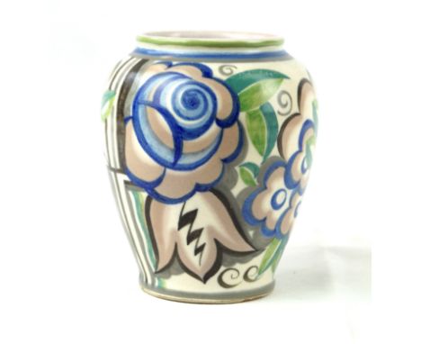 An Art Deco Poole pottery vase of shoulder formPainted with roses, Art Deco motifs and floral sprays on an ivory ground, impr