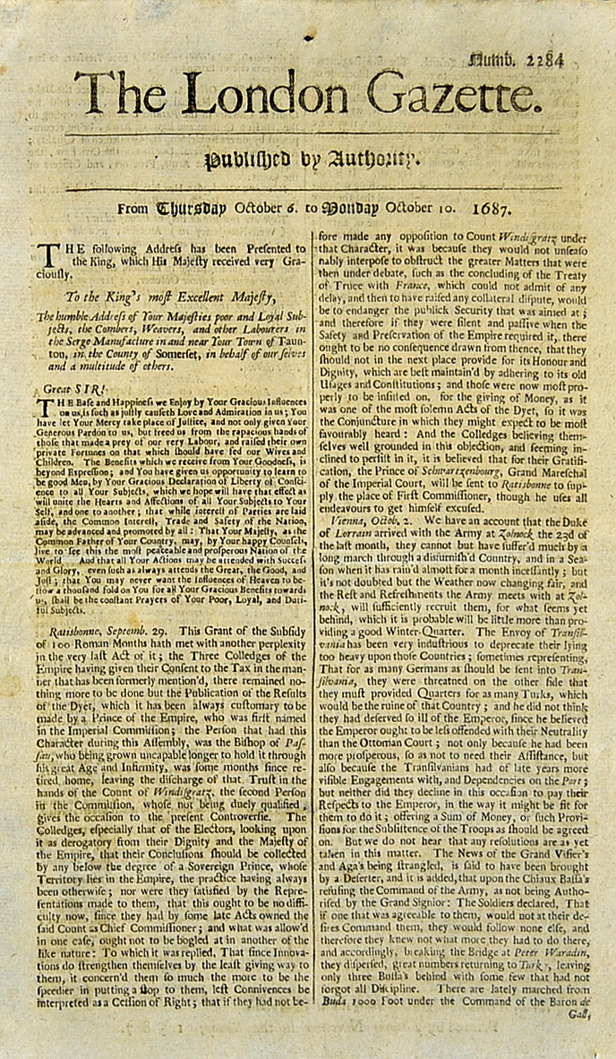 The London Gazette Newspaper 1687 dated 6 Oct 10 Oct containing