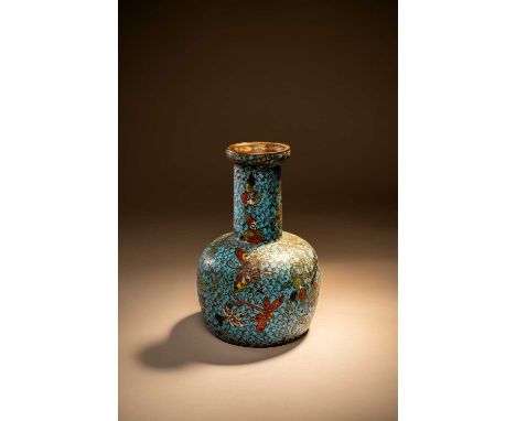 A CHINESE CLOISONNE ENAMEL MALLET-SHAPED VASELATE MING DYNASTYThe body and neck enamelled in polychrome with flowers, fruits,