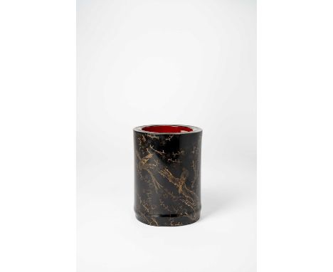 † †A CHINESE BLACK LACQUERED BAMBOO BRUSHPOT, BITONG18TH CENTURYThe cylindrical body delicately incised with a design of two 