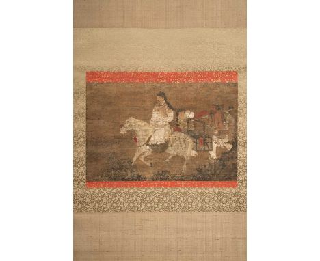 ATTRIBUTED TO ZHAO MENGFU (YUAN/MING DYNASTY)RIDER AND HIS SERVANTSA Chinese painting, ink and colour on silk, depicting a fi