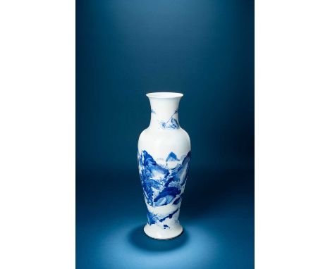 A GOOD CHINESE BLUE AND WHITE ‘LANDSCAPE’ VASEKANGXI 1662-1722With a slender baluster-shaped body delicately painted in an in