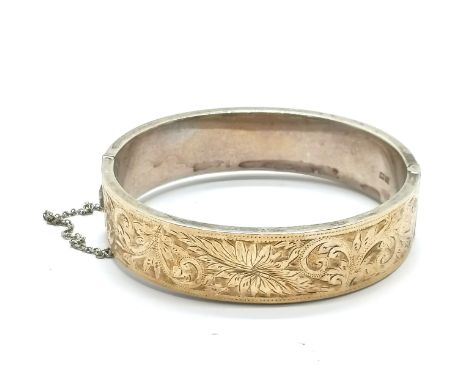 Silver hallmarked bangle marked 9ct gold front with engraved detail - 6.5cm across &amp; 30g total weight - SOLD ON BEHALF OF