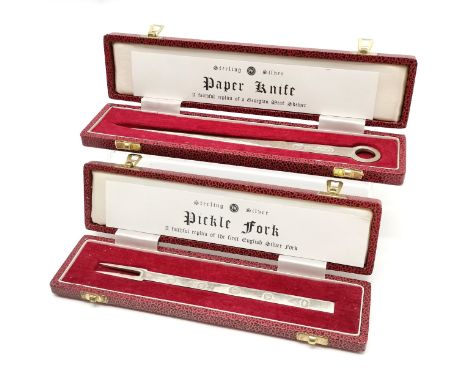 Francis Howard Ltd boxed silver paper knife (Georgian meat skewer design) &amp; pickle fork (box 23cm long) - silver weight (