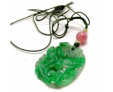 Chinese hand carved green jade pendant with pierced flower / fruit detail with a pink jade bead - pendant drop 6.5cm ~ Small 