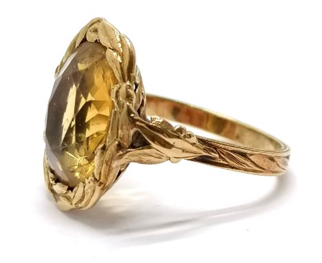Antique continental unmarked gold (touch tests as 18ct) fancy citrine ring with laurel leaf mount / shoulders &amp; detail to