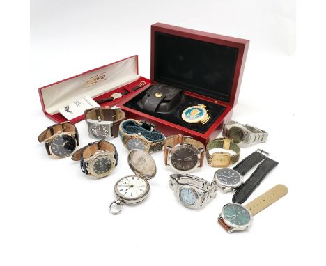 Qty of watches (mostly quartz), seal of the president presentation set t/w antique silver Chester hallmarked pocket watch (P 