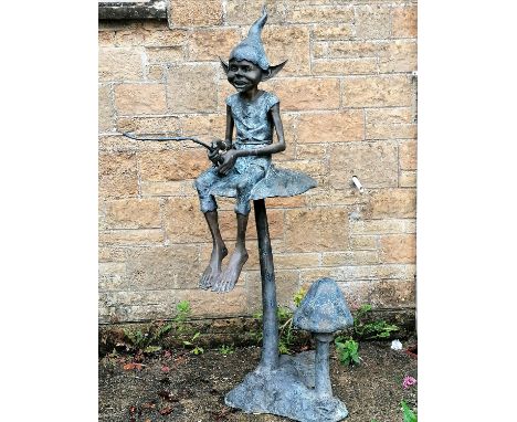 Large scale bronze sculpture of a pixie seated on a mushroom - total height 160cm 