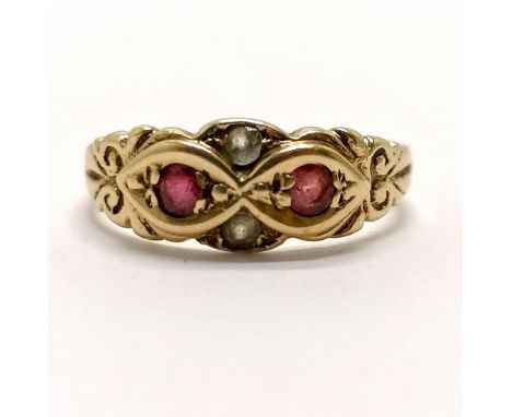 Antique 9ct marked (rubbed marks) gold ruby &amp; white stone set ring - size K½ &amp; 1.8g total weight 