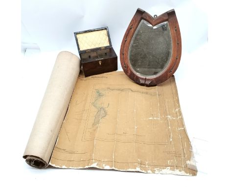 Antique rosewood veneer tea caddy box with fitted interior (20cm x 12cm x 12.5cm high &amp; with slight losses) t/w horseshoe