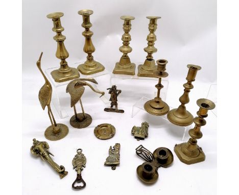 Qty of antique / vintage brass inc elephant + Judy doorknockers, decorative storks, odd candlesticks, clip-on double candlest