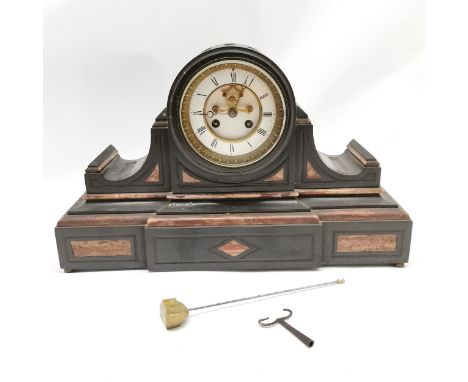 Antique slate &amp; pink marble mantle clock with bell strike movement &amp; open escapement - has key &amp; pendulum (both a