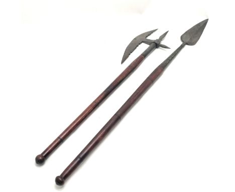 Indian short spear & hand axe with mahogany shafts ~ spear (98cm) punch marked R /India 