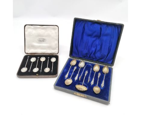 Cased set of 1903 silver teaspoons / sifting spoon / sugar nips (9cm) with apostle finials by Miller Brothers t/w cased silve
