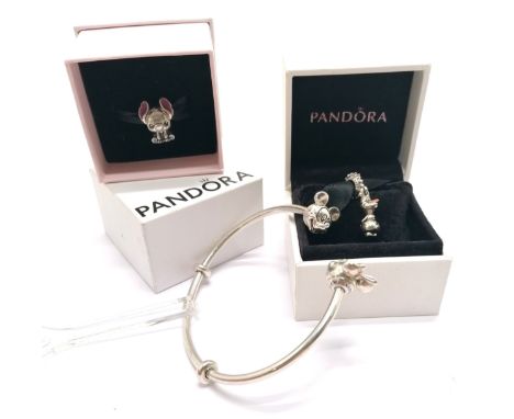 Pandora (ALE) silver Disney Mickey / Minnie mouse bangle, Olaf charm (boxed) + Stitch (Experiment 626) boxed charm