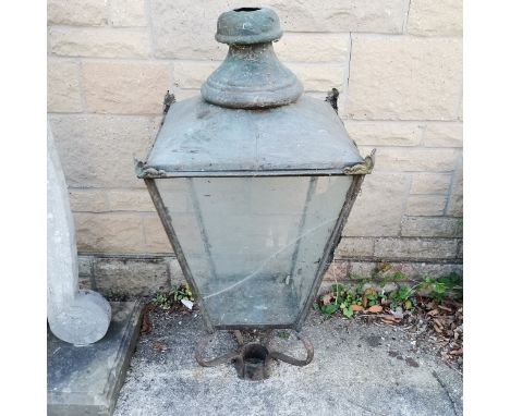 Large antique copper lantern - 112cm high x 46cm x 46cm ~ missing finial &amp; glass needs replacing