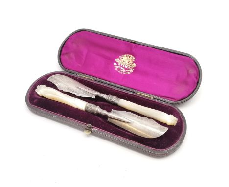 1861 cased pair of silver butter knives with mother of pearl hand carved handles by James Collins - R Stewart (Glasgow) box i