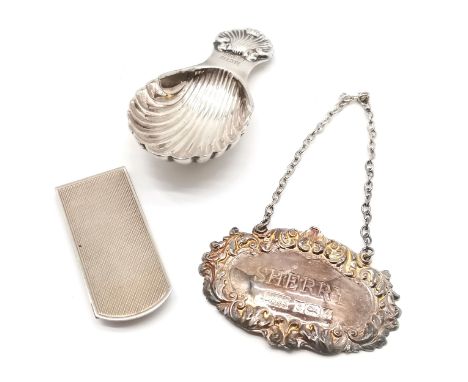 David Hollander &amp; Son silver caddy spoon + Sherry decanter label t/w silver money clip (5.3cm long) ~ weight (3) 48g 