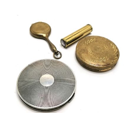 Silver hallmarked powder compact with engine turned detail - 8.5cm diameter &amp; 138g total weight ~ has dent to lid &amp; c