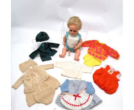 Original Tiny Tears 16D baby doll with bottle in original blue check dress and matching bib T/W orange romper suit, pink and 