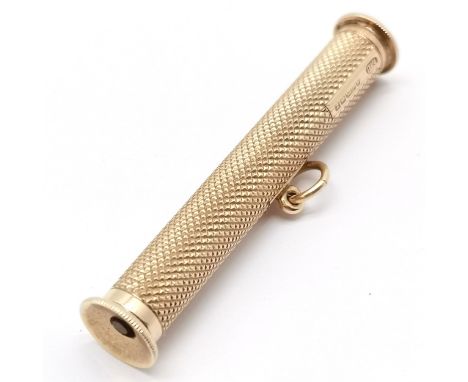 1949 9ct hallmarked gold engine turned cigar piercer / tamper with sheath &amp; pendant loop by E Baker &amp; Son - (closed) 