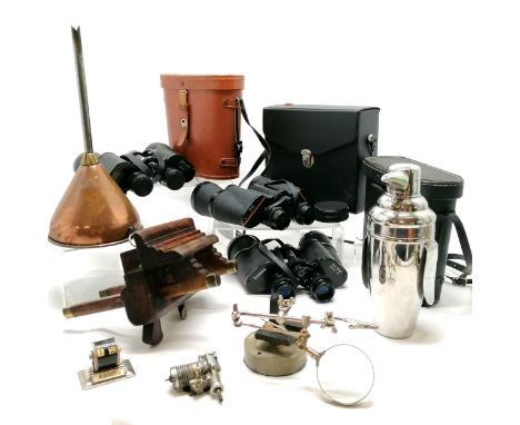 Penguin cocktail shaker (23cm) t/w antique plough plane, funnel with copper bowl, desk magnifying tool, model plane engine, d