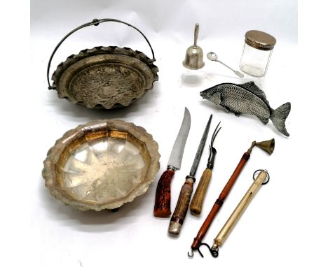 Qty of silver inc Italian bell + pickles spoon, silver lidded jar (glass a/f) - silver weight 108g t/w Qty of oddments inc no