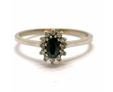 9ct hallmarked white gold sapphire &amp; diamond cluster ring - size R &amp; 1.9g total weight 