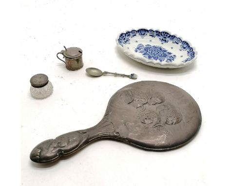 Chester silver lidded mustard pot, hand mirror (a/f) &amp; jar with Reynolds angel design t/w Delft plate &amp; spoon 