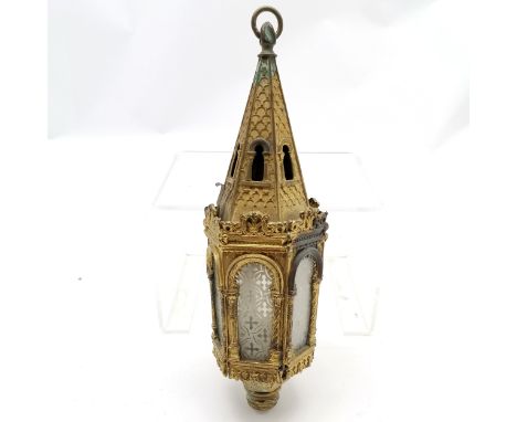 Antique gothic brass church hanging candle lantern with etched glass panels - 32cm drop - has some verdigris but no obvious d