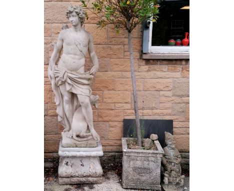Large scale figure of Apollo the hunter with dog on a square pedestal base - total height approx 175cm PLEASE NOTE : does not