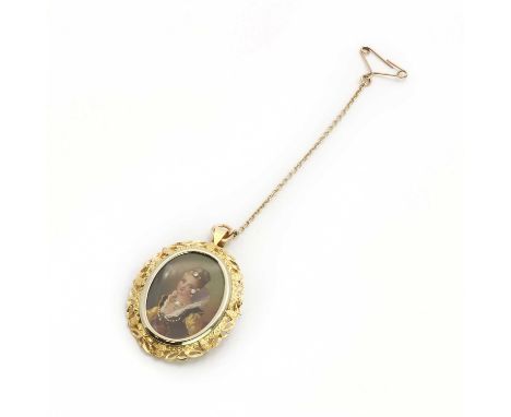 An 18ct gold mounted miniature portrait brooch pendant,with the painted miniature portrait of a lady, with suspended eight cu