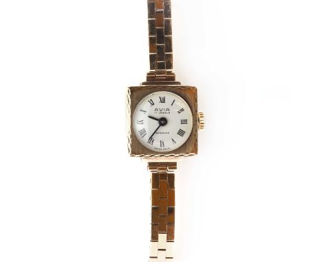 A ladies' 9ct gold Avia mechanical bracelet watch,a square case 14mm x 14mm, round white dial with Roman numerals, to a gold 