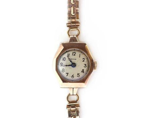 A ladies' 9ct gold Renown bracelet watch,a rounded octagonal case, 21mm x 23mm, silvered dial, Arabic numerals and diamond st