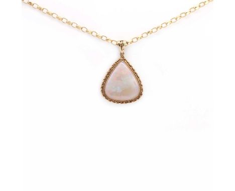 A gold single stone opal pendant,a wide pear cabochon opal, bezel set, to a rope link surround, with an articulated split bal