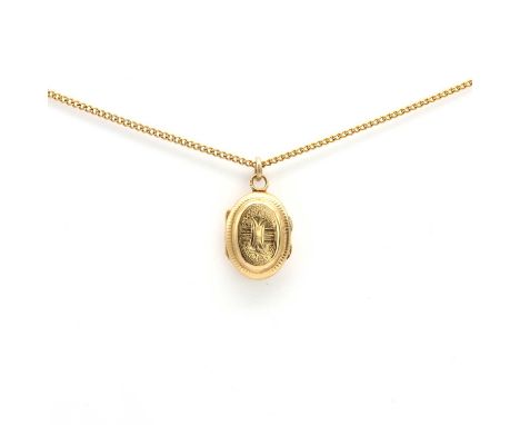 A French gold locket, an oval locket, hand engraved with 'I' to front and verso, to an internal hinged oval glass panel, beze