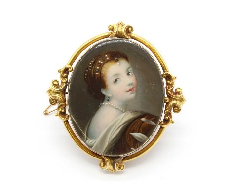 A miniature portrait of a young lady, English School, 19th Century,portrait of a young lady, bust-length, in a russet dress a