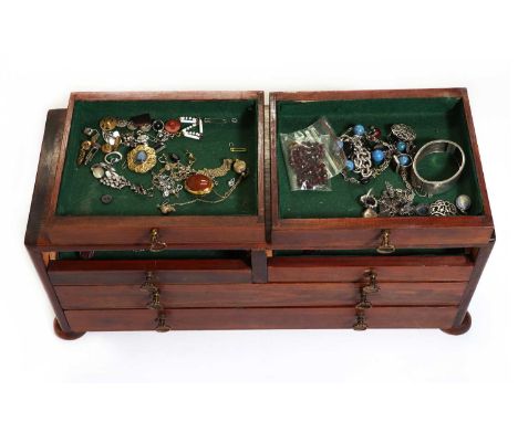 A jewellery box containing a small collection of gold, silver and costume jewellery,to include a short length of gold belcher