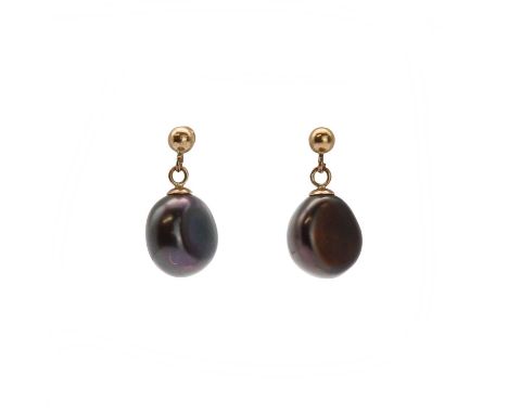 A pair of cultured freshwater pearl drop earrings,a button shape pearl, approximately 8.64mm x 9.47mm, cup set and articulate