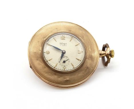 A 9ct gold open faced pocket watch,a 44mm dial, Arabic numerals and hour baton indicators, a second subsidiary dial, engine t