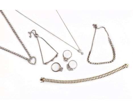 A collection of silver jewellery,to include a silver cubic zirconia brick link bracelet, 207mm long, a silver cubic zirconia 